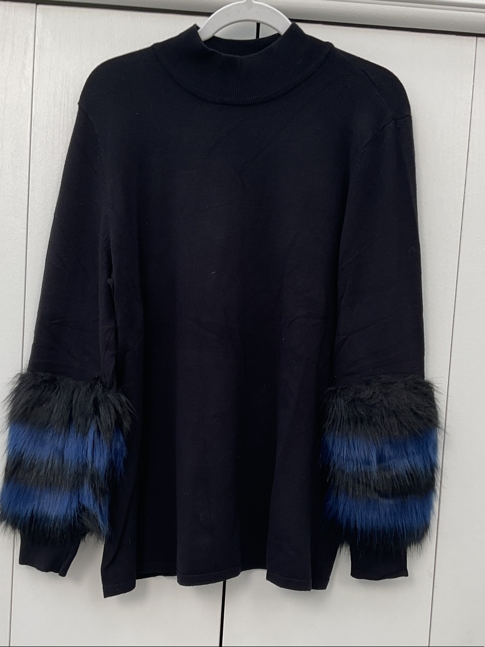 Alfani Black Mock Neck Sweater with Black and Blue Faux-Fur Cuffs